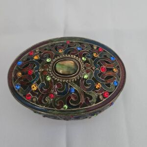 Bejeweled Cloisonne Enamel & Rhinestone Lidded Trinket Keepsake Box VTG